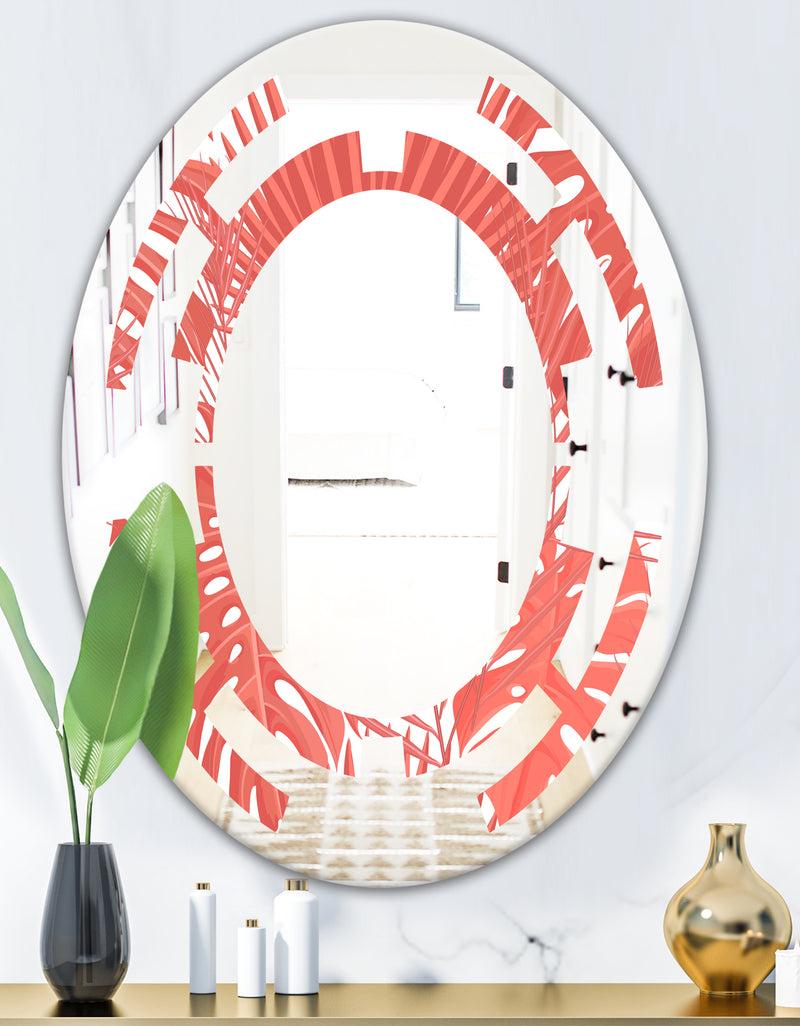 DesignQ Tropical Retro Foliage Coral I - Modern Round Or Oval Wall Mirror - Space