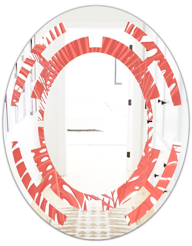 DesignQ Tropical Retro Foliage Coral I - Modern Round Or Oval Wall Mirror - Space