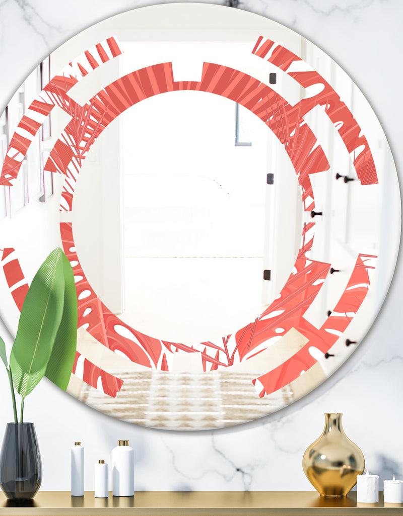 DesignQ Tropical Retro Foliage Coral I - Modern Round or Oval Wall Mirror - Space