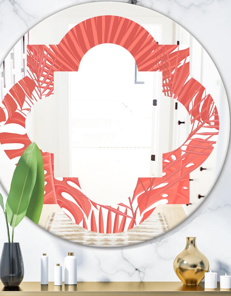 DesignQ Tropical Retro Foliage Coral I - Modern Round or Oval Wall Mirror - Quatrefoil