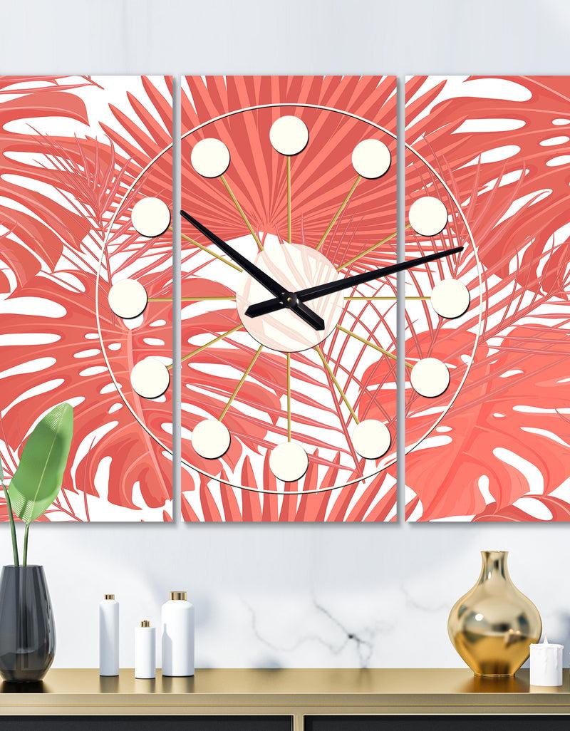 DesignQ Tropical Retro Foliage Coral I - Oversized Mid-Century wall clock - 3 Panels