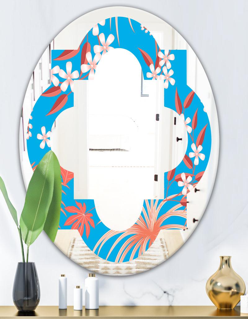 DesignQ Tropical Retro Foliage Coral II - Cottage Round Or Oval Wall Mirror - Quatrefoil