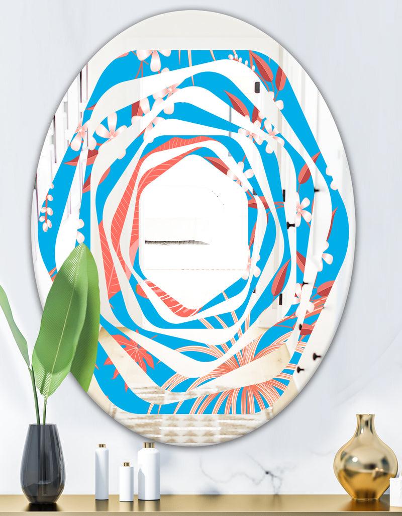 DesignQ Tropical Retro Foliage Coral II - Cottage Round Or Oval Wall Mirror - Whirl