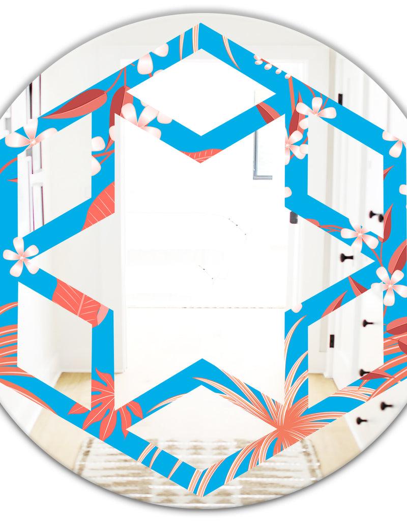 DesignQ Tropical Retro Foliage Coral II - Cottage Round Or Oval Wall Mirror - Hexagon Star