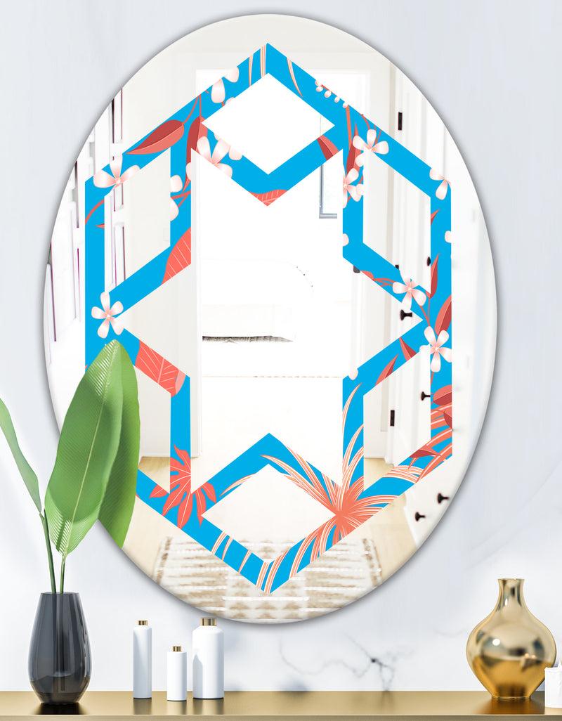 DesignQ Tropical Retro Foliage Coral II - Cottage Round Or Oval Wall Mirror - Hexagon Star