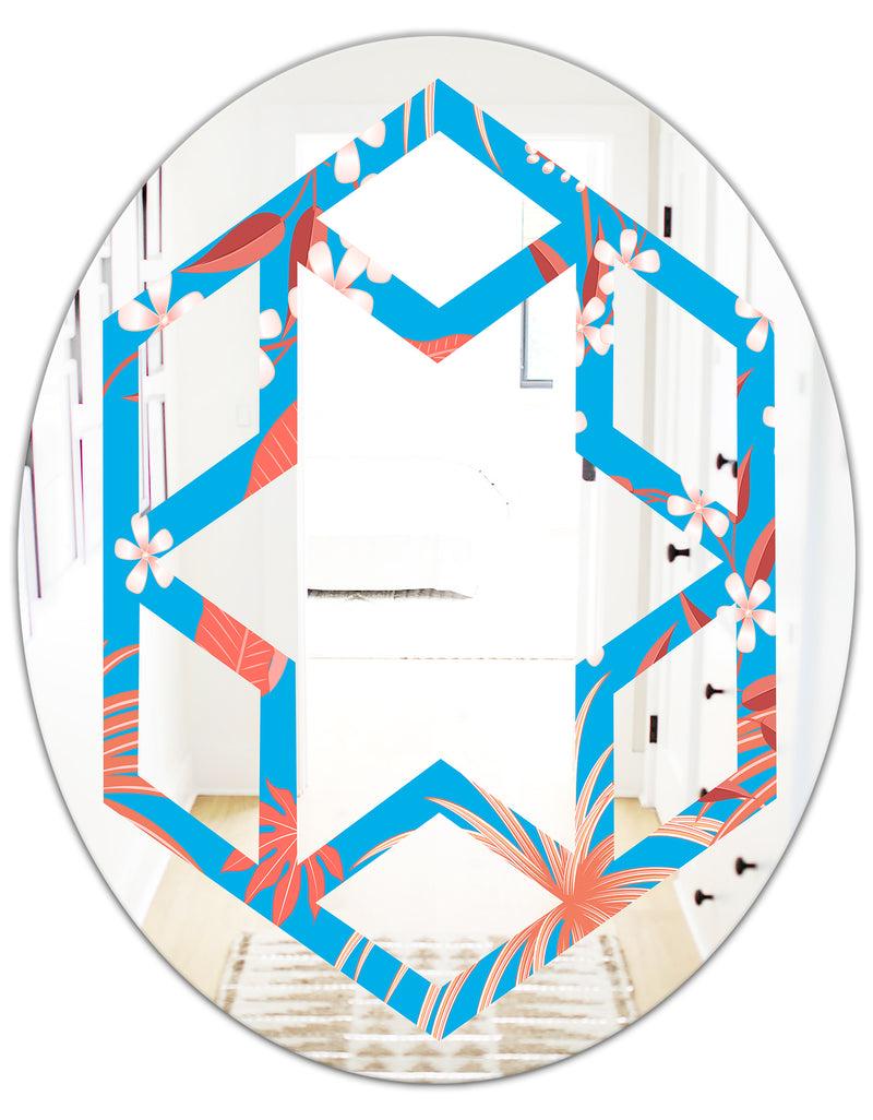 DesignQ Tropical Retro Foliage Coral II - Cottage Round Or Oval Wall Mirror - Hexagon Star