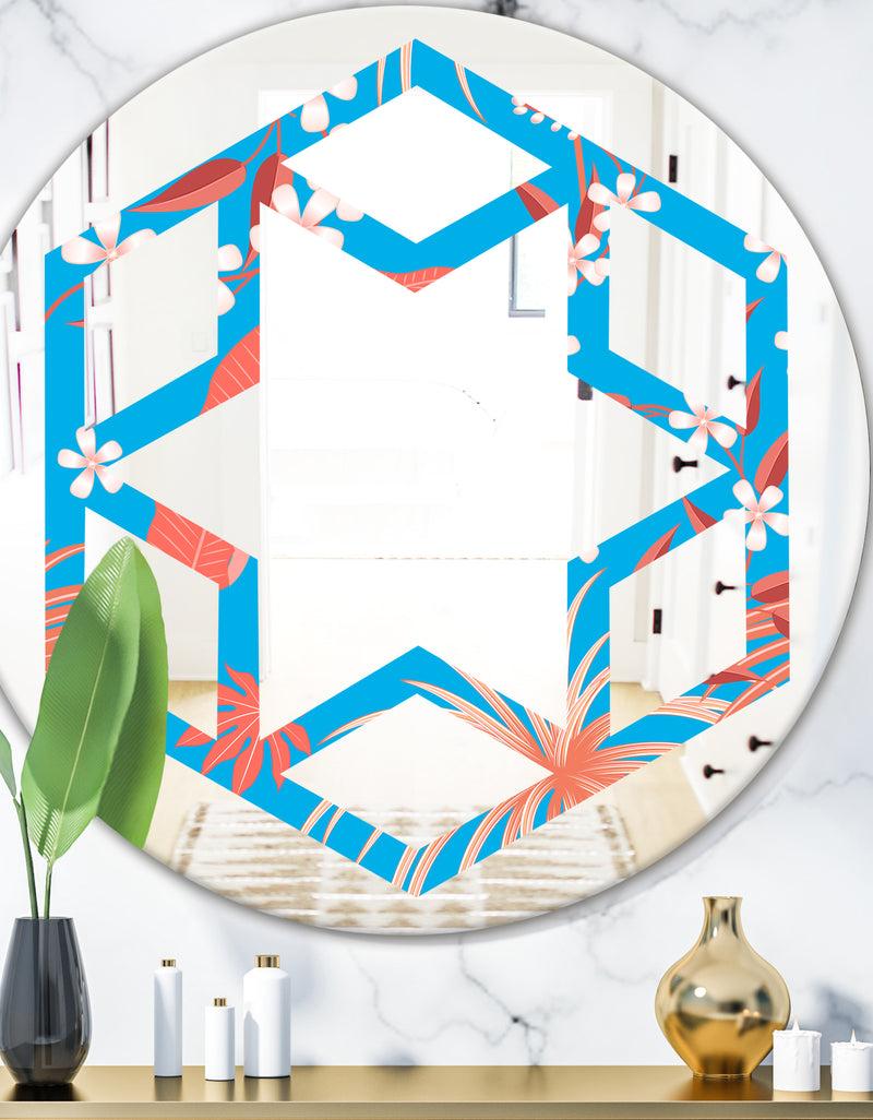 DesignQ Tropical Retro Foliage Coral II - Cottage Round or Oval Wall Mirror - Hexagon Star