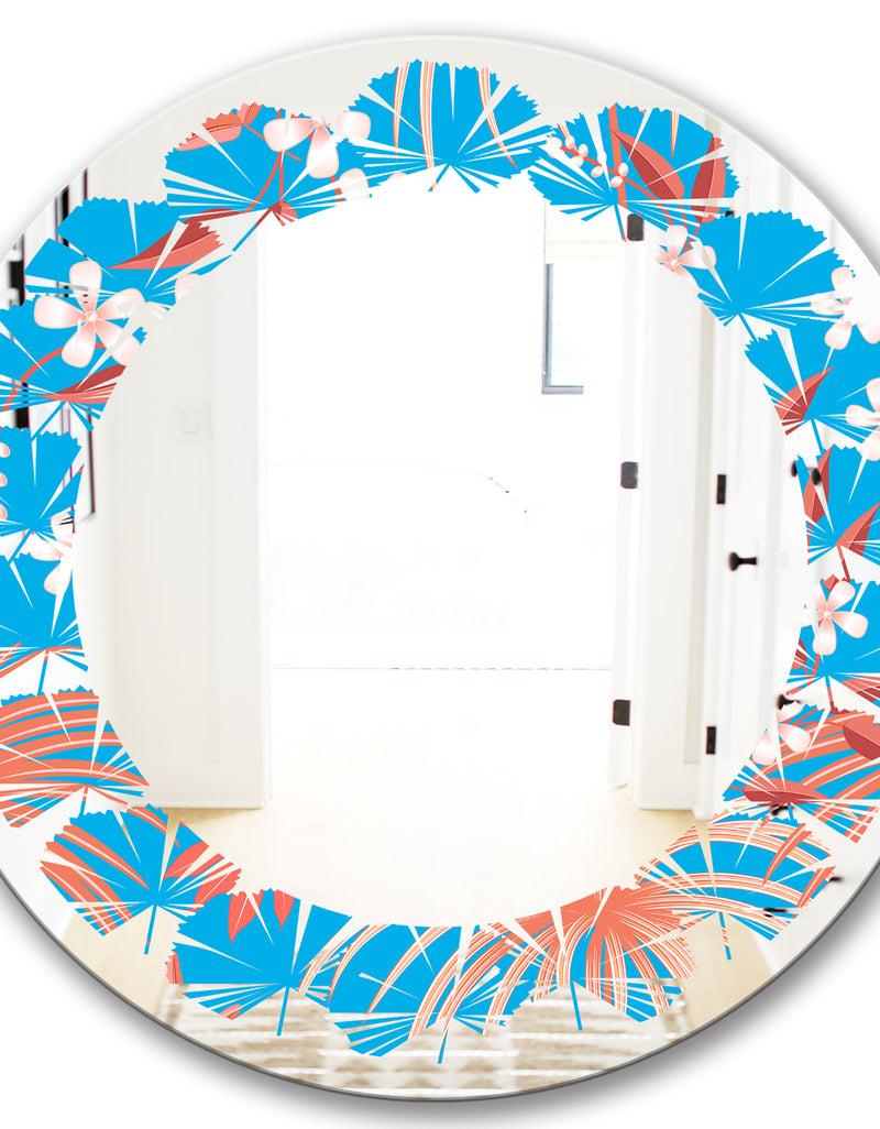 DesignQ Tropical Retro Foliage Coral II - Cottage Round Or Oval Wall Mirror - Leaves