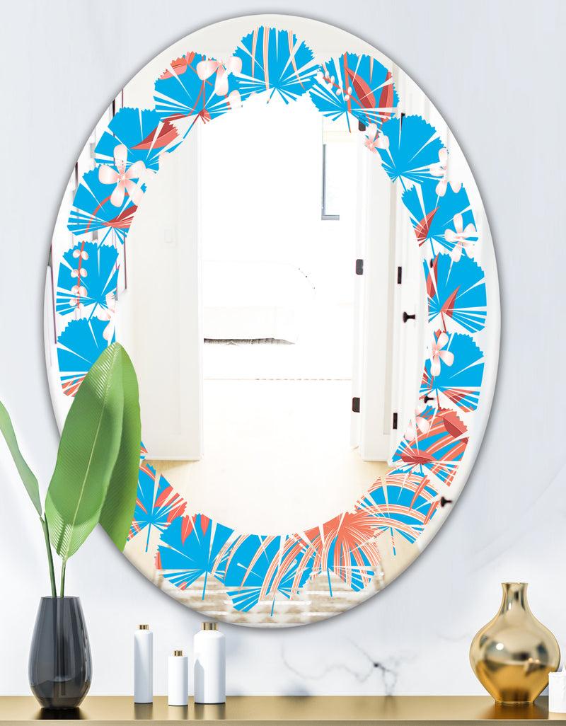 DesignQ Tropical Retro Foliage Coral II - Cottage Round Or Oval Wall Mirror - Leaves