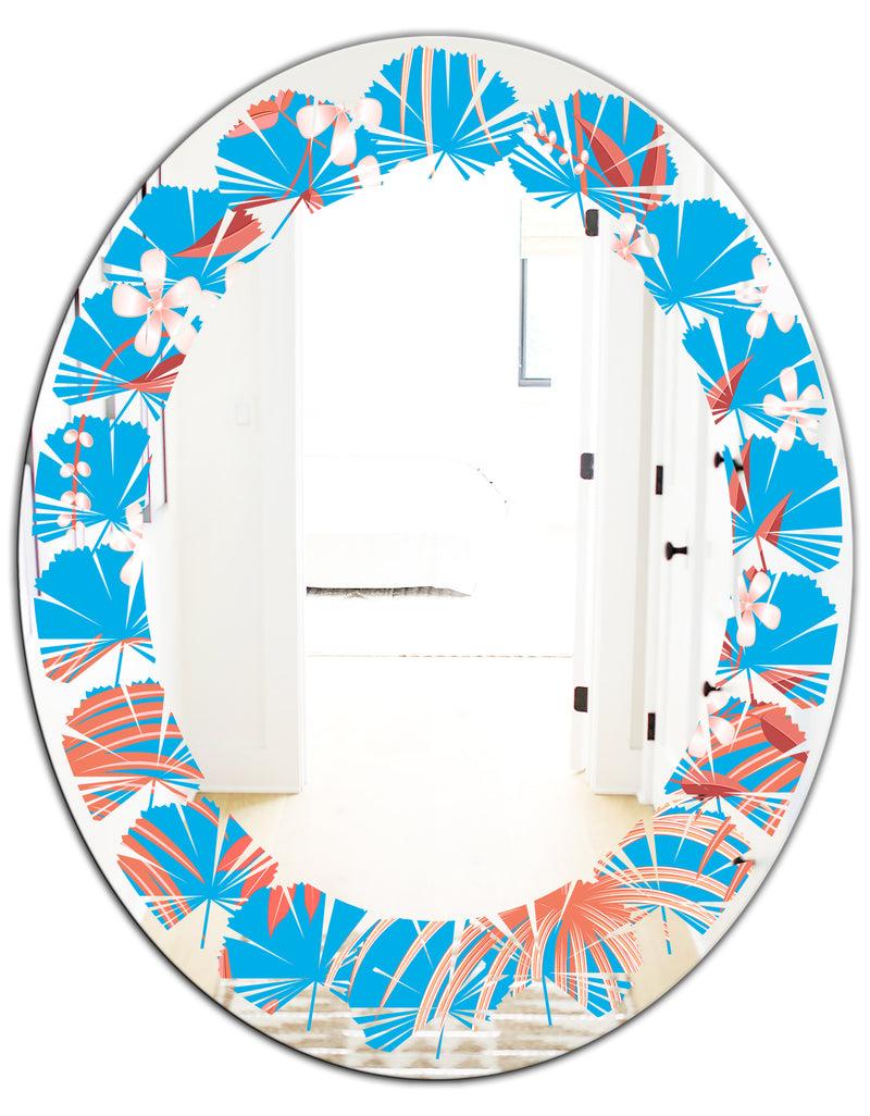 DesignQ Tropical Retro Foliage Coral II - Cottage Round Or Oval Wall Mirror - Leaves