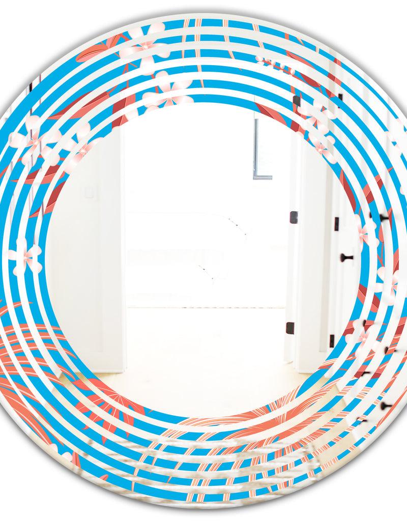 DesignQ Tropical Retro Foliage Coral II - Cottage Round Or Oval Wall Mirror - Wave