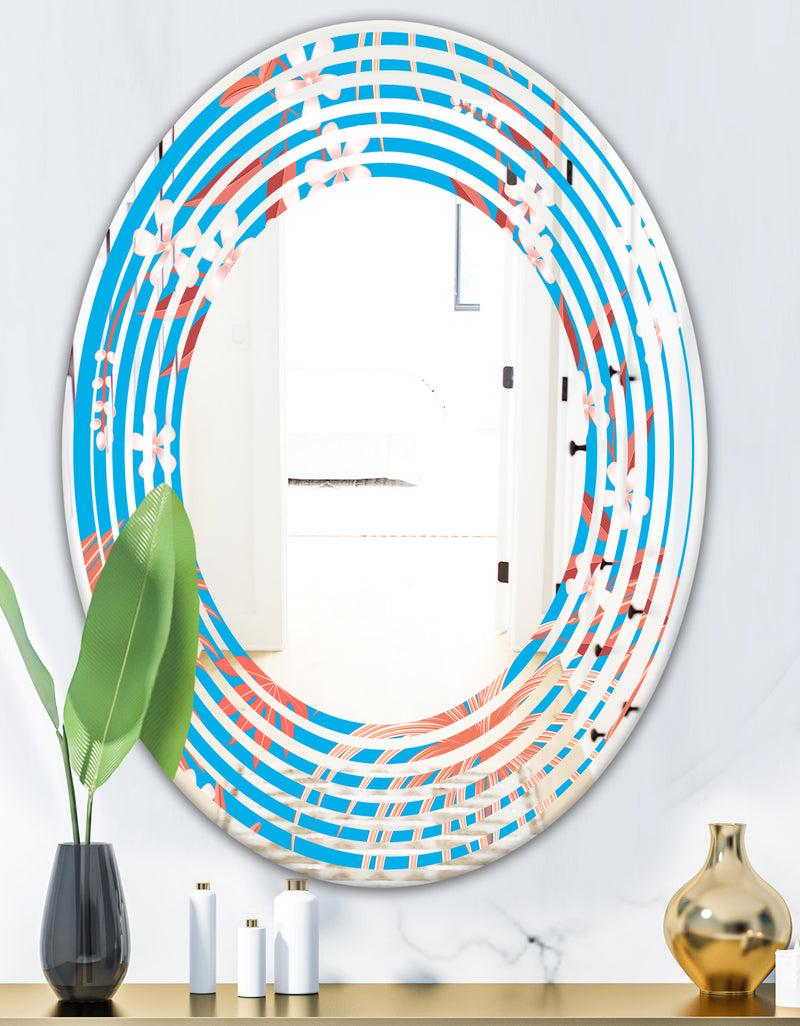 DesignQ Tropical Retro Foliage Coral II - Cottage Round Or Oval Wall Mirror - Wave