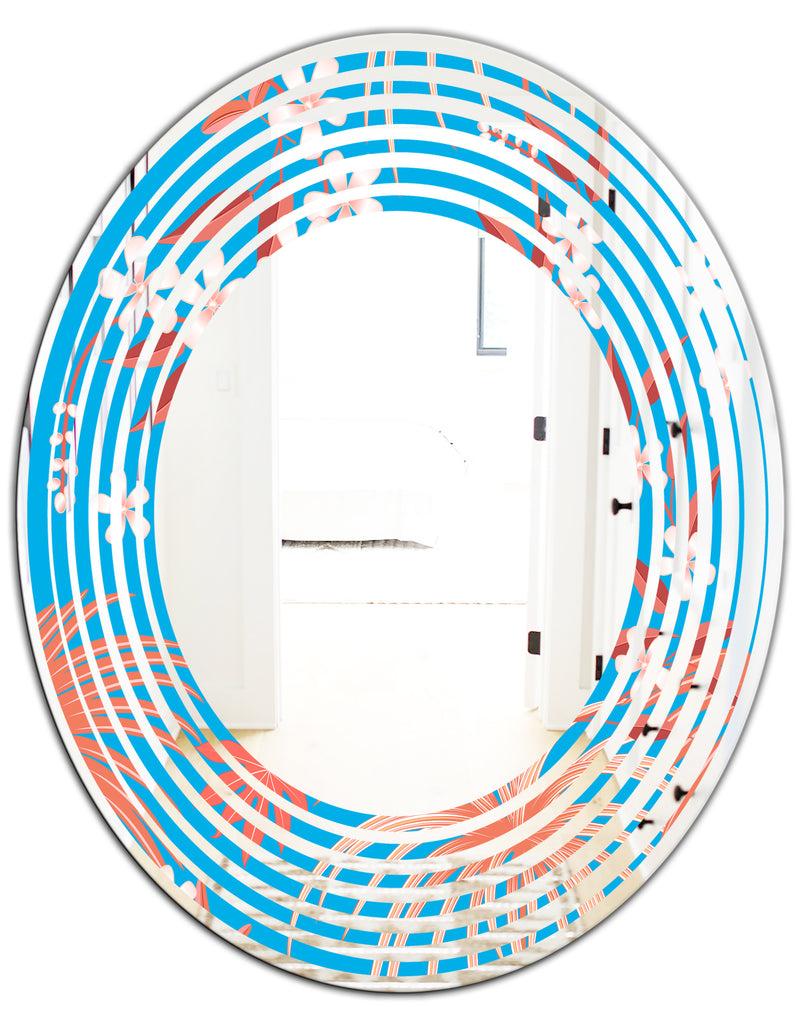 DesignQ Tropical Retro Foliage Coral II - Cottage Round Or Oval Wall Mirror - Wave
