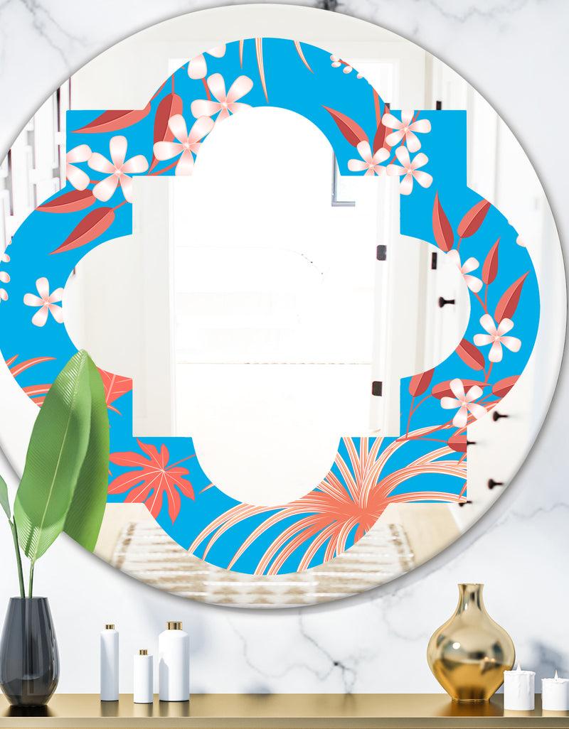 DesignQ Tropical Retro Foliage Coral II - Cottage Round or Oval Wall Mirror - Quatrefoil