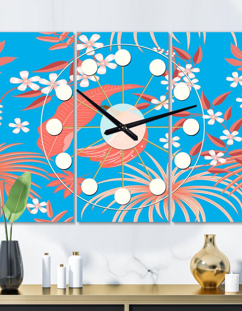 DesignQ Tropical Retro Foliage Coral II - Oversized Mid-Century wall clock - 3 Panels