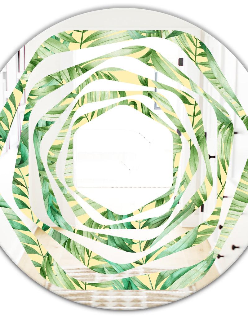 DesignQ Tropical Retro Foliage - Modern Round Or Oval Wall Mirror - Whirl