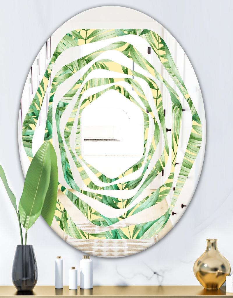 DesignQ Tropical Retro Foliage - Modern Round Or Oval Wall Mirror - Whirl