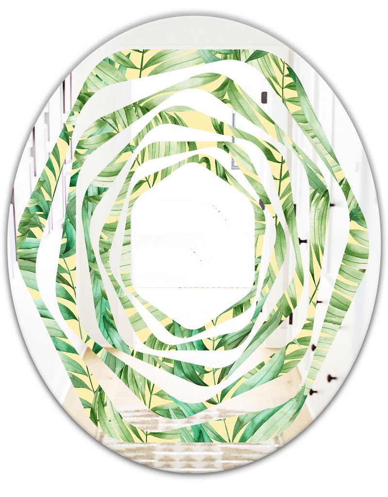 DesignQ Tropical Retro Foliage - Modern Round Or Oval Wall Mirror - Whirl