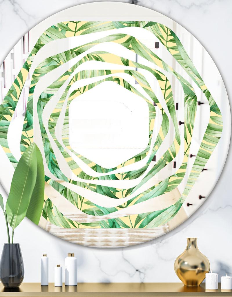 DesignQ Tropical Retro Foliage - Modern Round or Oval Wall Mirror - Whirl