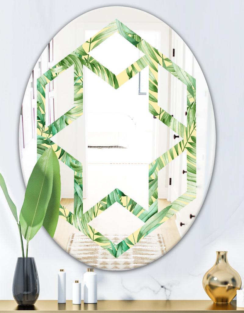DesignQ Tropical Retro Foliage - Modern Round Or Oval Wall Mirror - Hexagon Star