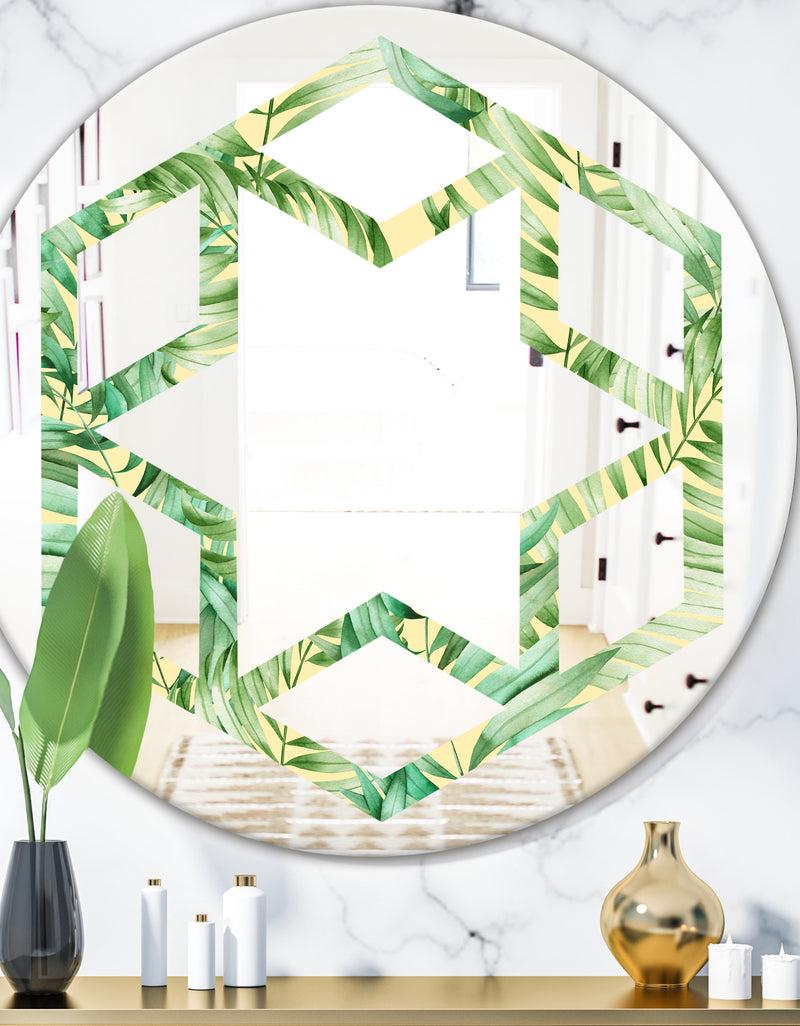 DesignQ Tropical Retro Foliage - Modern Round or Oval Wall Mirror - Hexagon Star