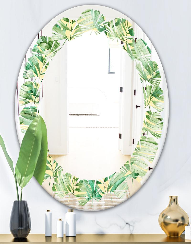 DesignQ Tropical Retro Foliage - Modern Round Or Oval Wall Mirror - Leaves