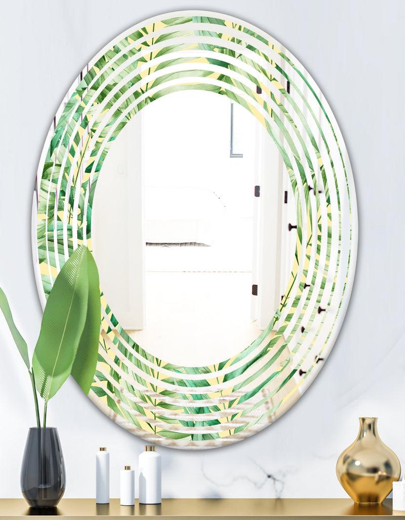 DesignQ Tropical Retro Foliage - Modern Round Or Oval Wall Mirror - Wave