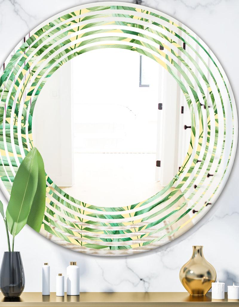 DesignQ Tropical Retro Foliage - Modern Round or Oval Wall Mirror - Wave