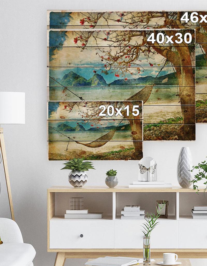 DesignQ Tropical Sleeping Swing - Digital Art Landscape Print On Natural Pine Wood