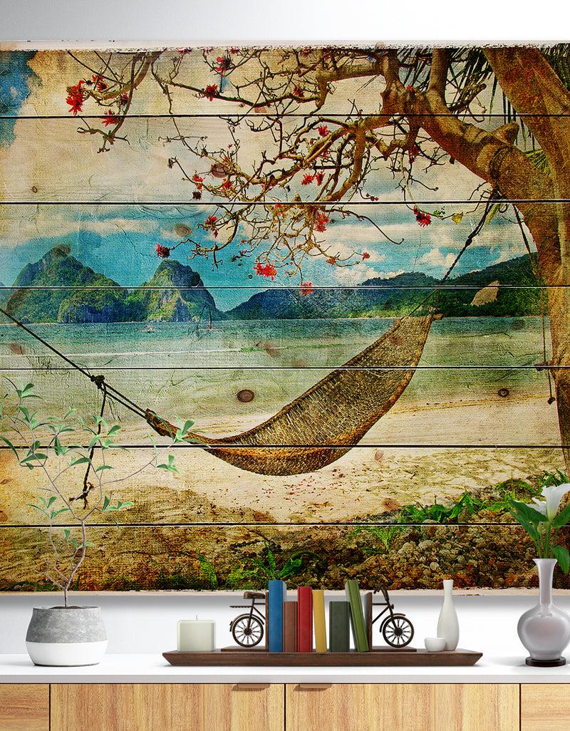 DesignQ Tropical Sleeping Swing - Digital Art Landscape Print on Natural Pine Wood