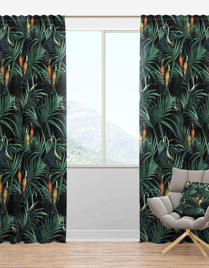 DesignQ Tropical Yellow Birds On Black With Green Jungle Leaves - Abstract Curtain Panels