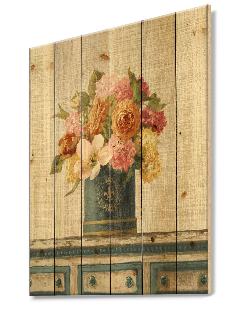 DesignQ Tulips In Teal And Gold Hatbox On Linen - Cabin & Lodge Print On Natural Pine Wood