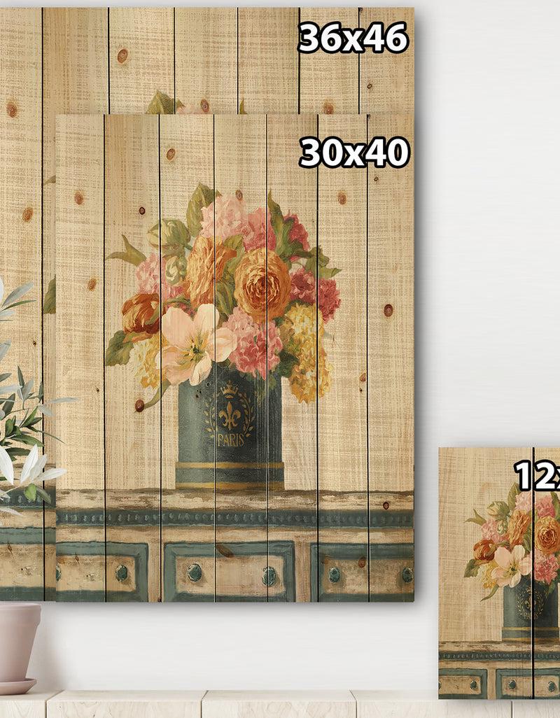 DesignQ Tulips In Teal And Gold Hatbox On Linen - Cabin & Lodge Print On Natural Pine Wood