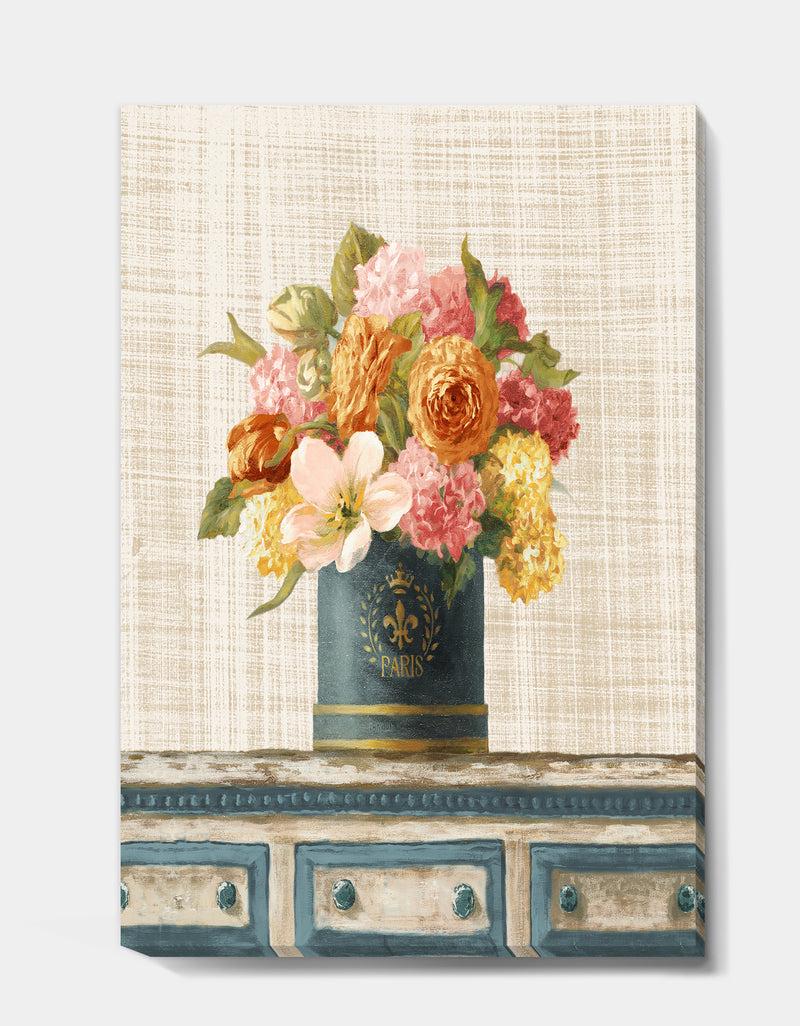 DesignQ Tulips In Teal And Gold Hatbox On Linen - Cabin & Lodge Gallery-wrapped Canvas