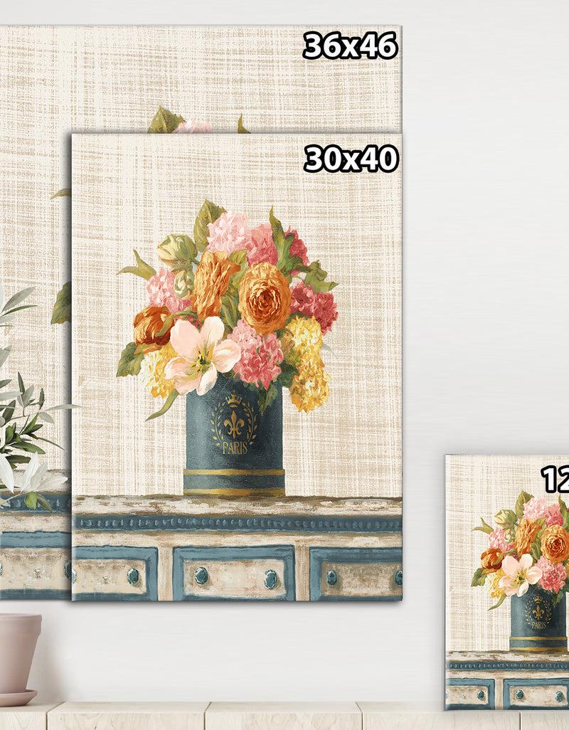 DesignQ Tulips In Teal And Gold Hatbox On Linen - Cabin & Lodge Gallery-wrapped Canvas