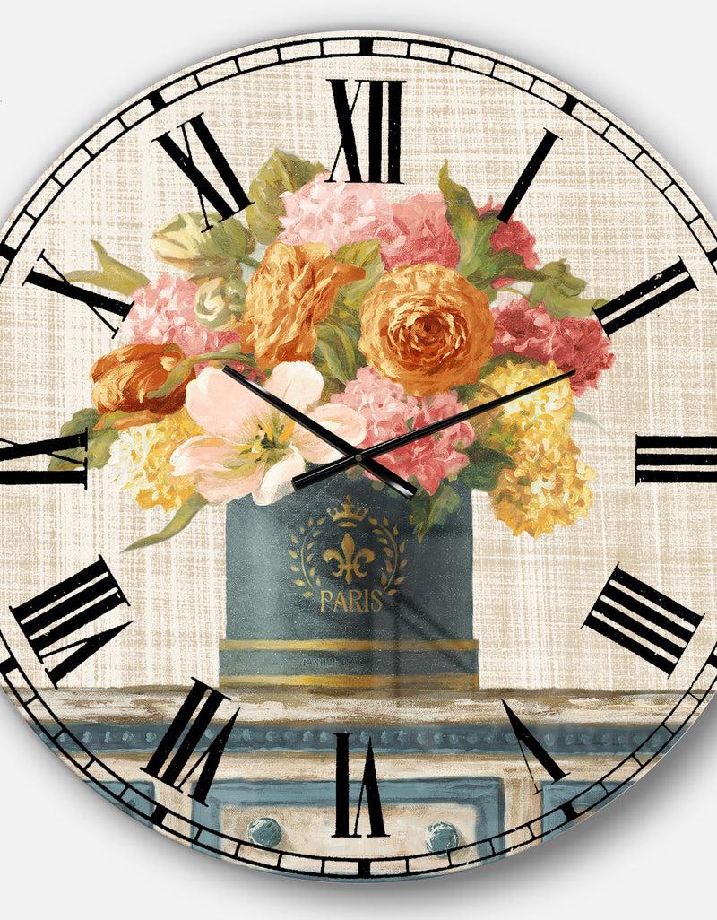 DesignQ Tulips In Teal And Gold Hatbox On Linen - Cabin & Lodge Wall CLock
