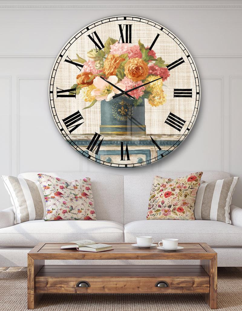 DesignQ Tulips in Teal and Gold Hatbox on Linen - Cabin & Lodge Wall CLock