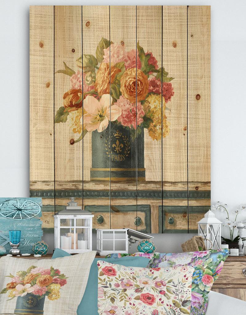 DesignQ Tulips in Teal and Gold Hatbox on Linen - Cabin & Lodge Print on Natural Pine Wood