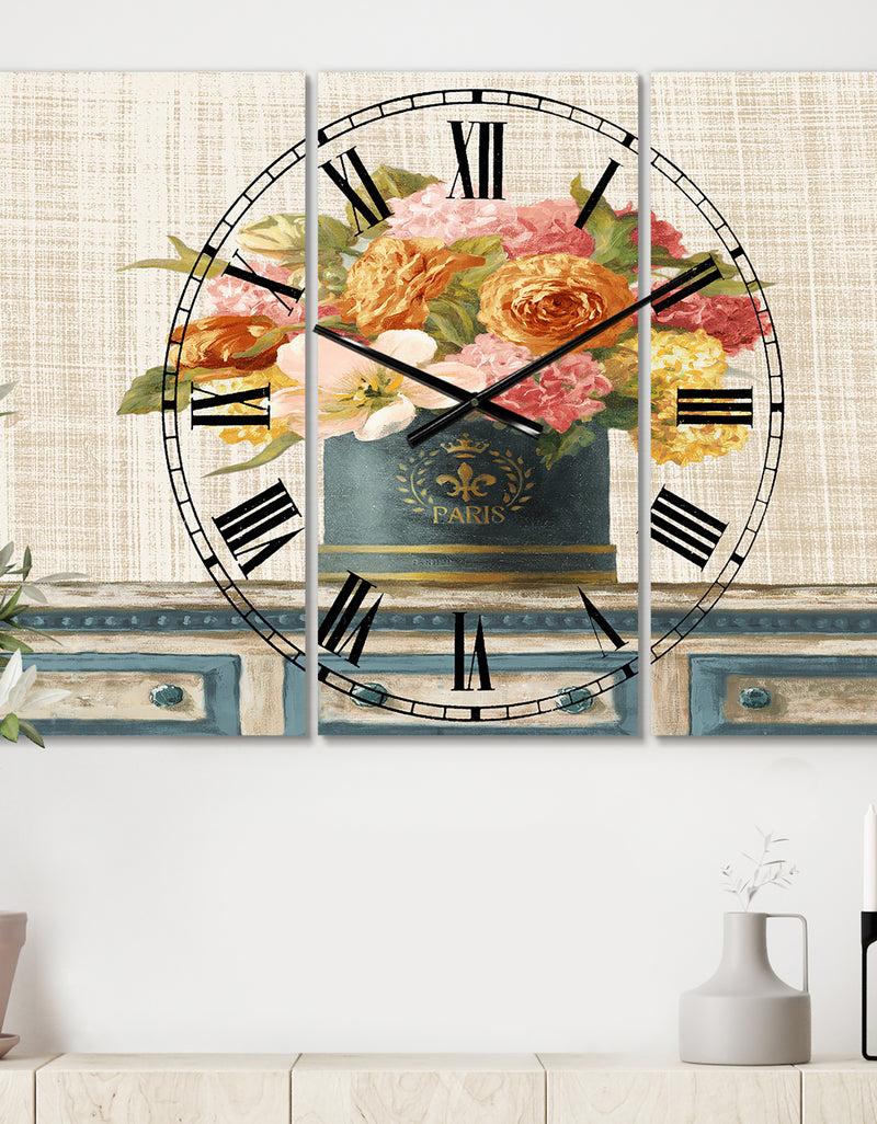 DesignQ Tulips in Teal and Gold Hatbox on Linen - Cottage 3 Panels Oversized Wall CLock