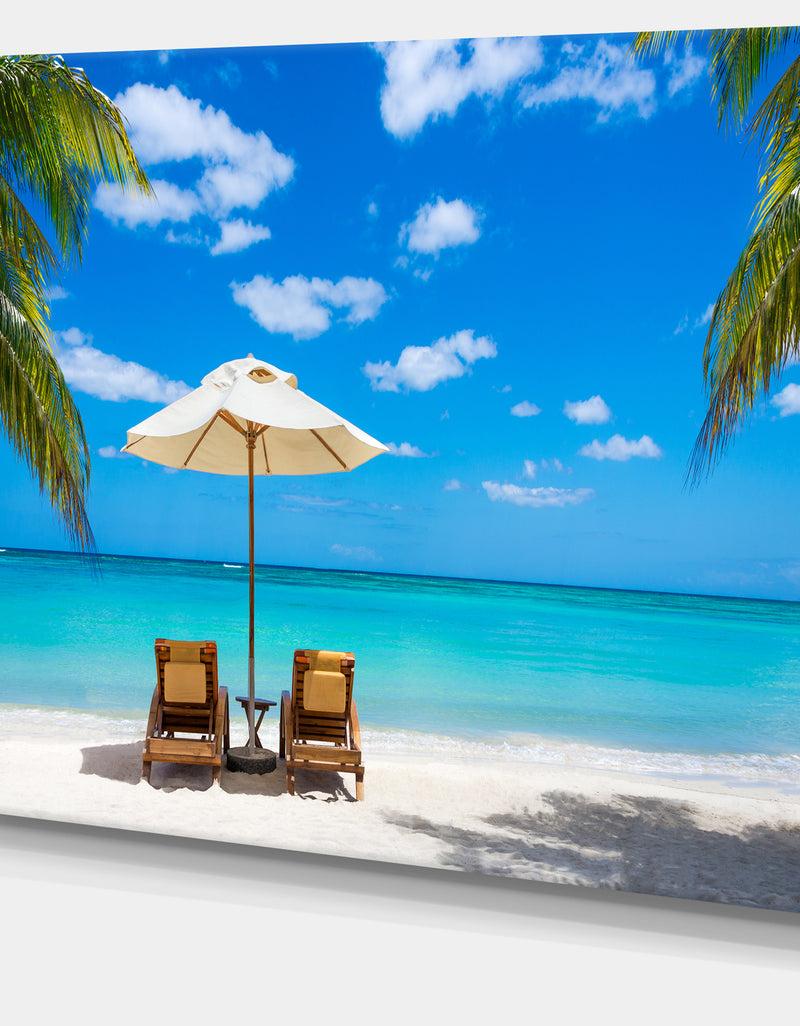 DesignQ Turquoise Beach With Chairs - Seashore Photo Canvas Print
