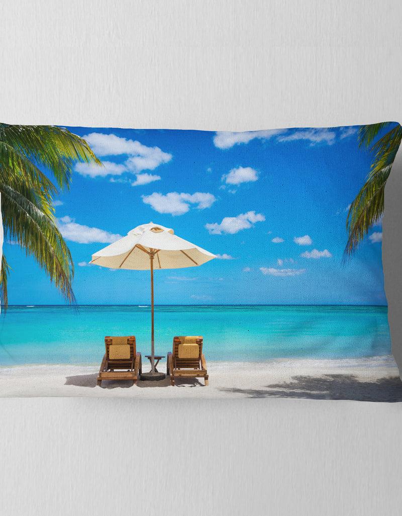 DesignQ Turquoise Beach With Chairs - Seashore Photo Throw Pillow