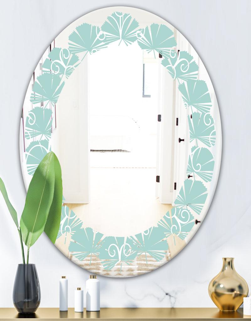 DesignQ Turquoise Minimal Ornament - Modern Round Or Oval Wall Mirror - Leaves