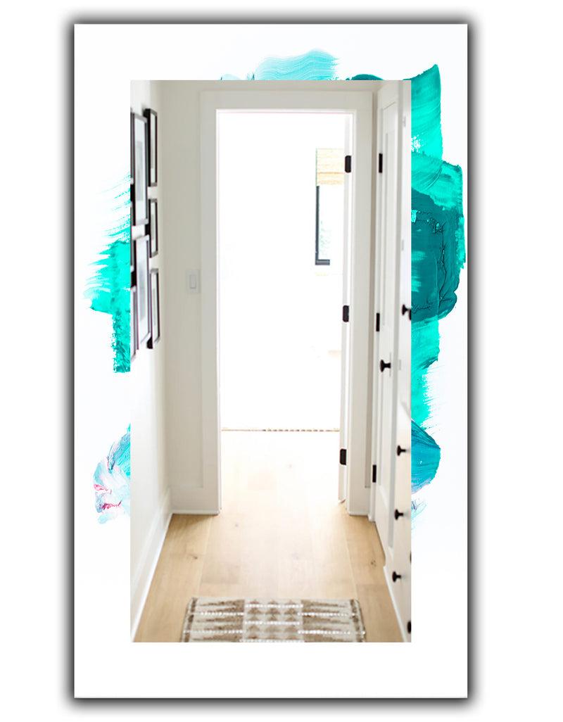 DesignQ Turquoise Paint Strokes On White - Traditional Mirror - Frameless Wall Mirror