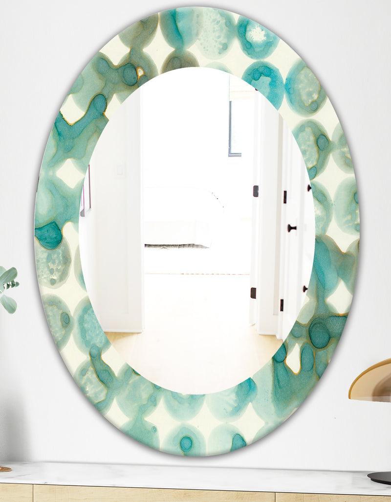 DesignQ Turquoise Watercolor Geometrical I - Mid-Century Mirror - Oval Or Round Wall Mirror