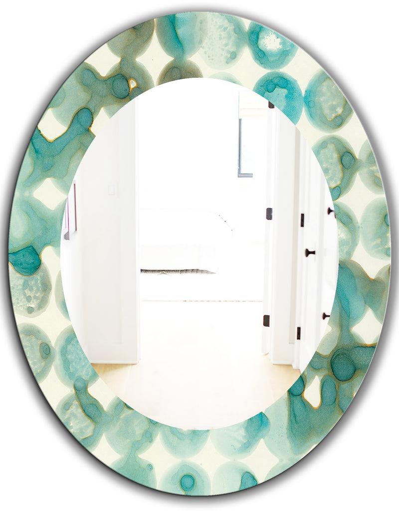 DesignQ Turquoise Watercolor Geometrical I - Mid-Century Mirror - Oval Or Round Wall Mirror