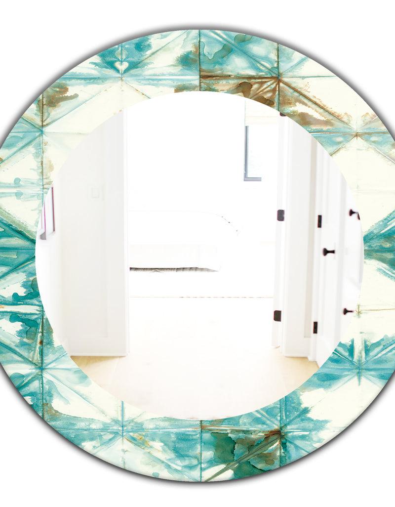 DesignQ Turquoise Watercolor Geometrical IV - Mid-Century Mirror - Oval Or Round Wall Mirror