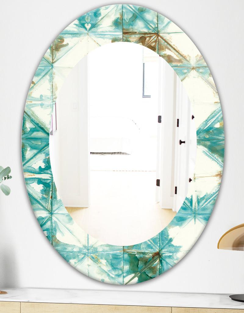 DesignQ Turquoise Watercolor Geometrical IV - Mid-Century Mirror - Oval Or Round Wall Mirror
