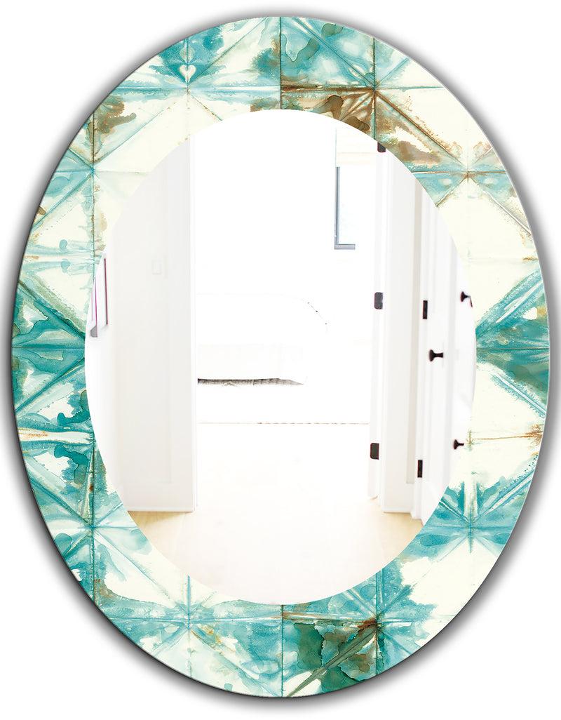 DesignQ Turquoise Watercolor Geometrical IV - Mid-Century Mirror - Oval Or Round Wall Mirror