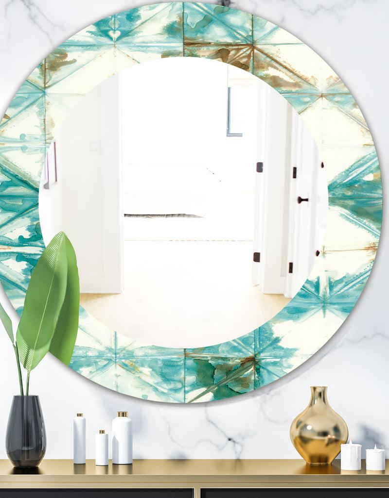 DesignQ Turquoise Watercolor Geometrical IV - Mid-Century Mirror - Oval or Round Wall Mirror