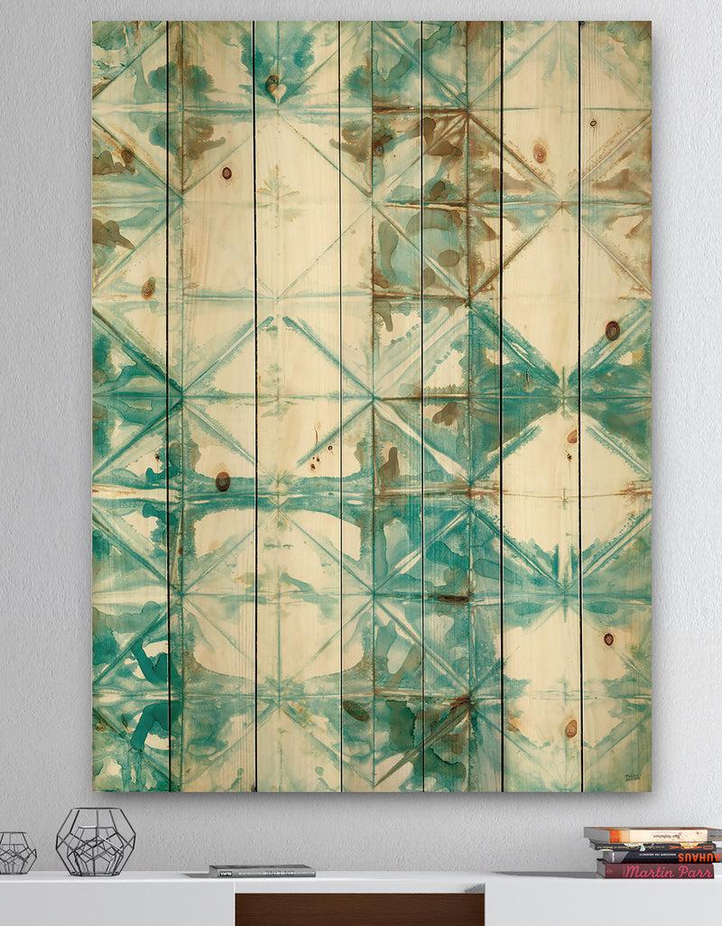 DesignQ Turquoise Watercolor geometrical IV - Modern & Transitional Print on Natural Pine Wood